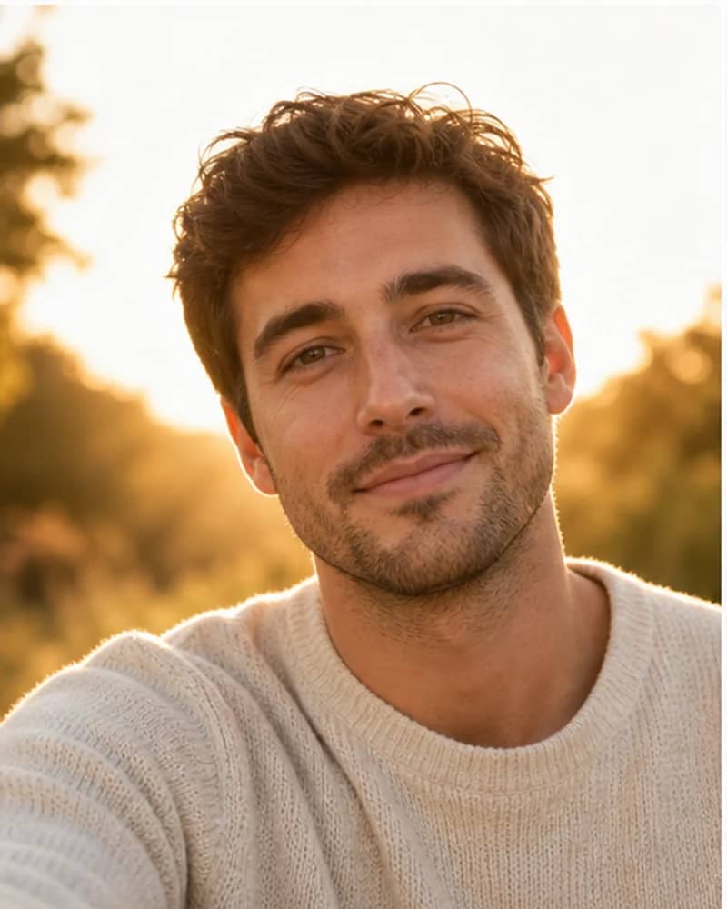 Dating and social golden hour transformation from the same source person for Riley, White man, early 30s, original demo subject.